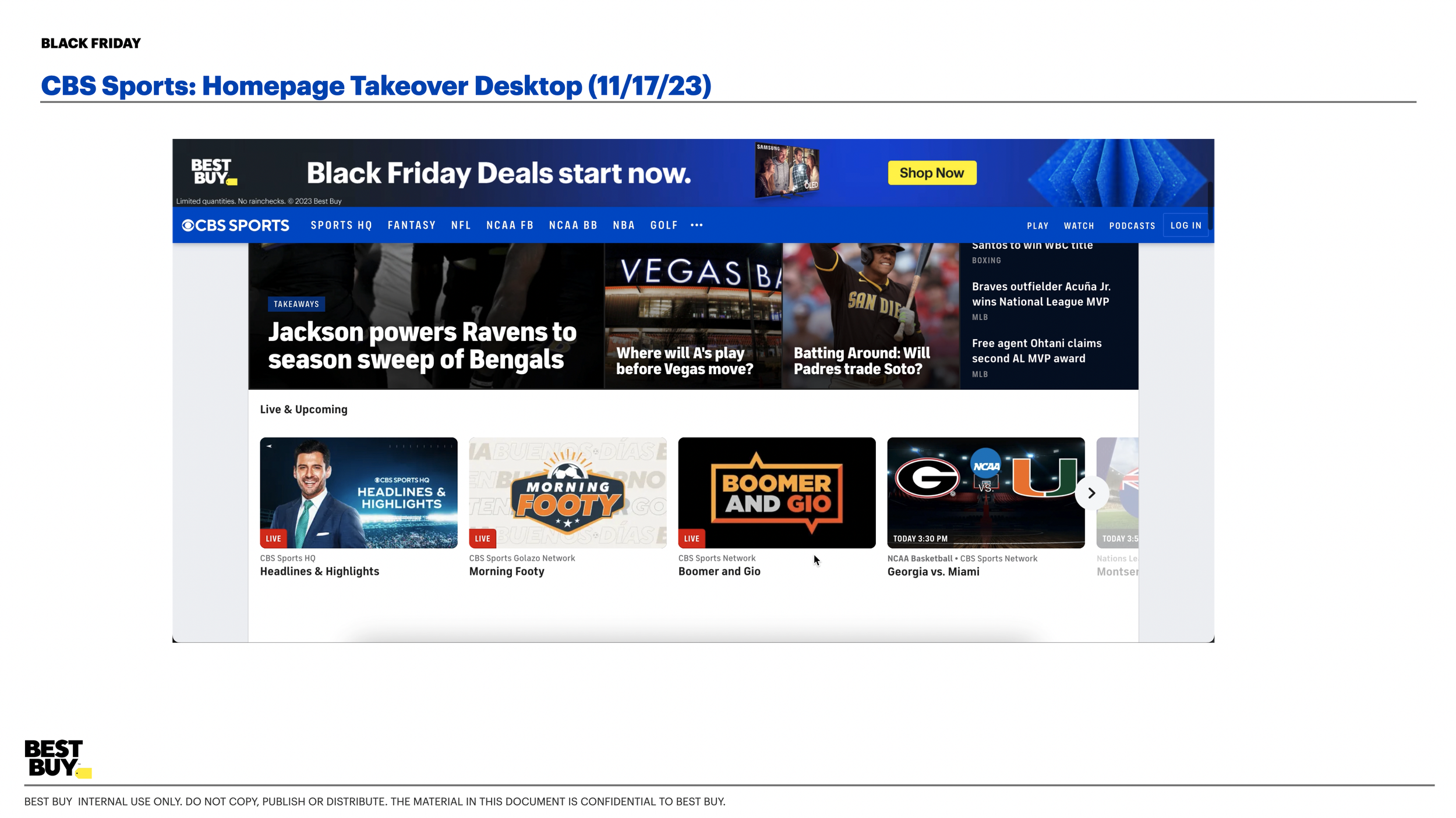 CBS Sports homepage, showing sports news headlines, live segments, and advertisements, with a blue navigation bar.