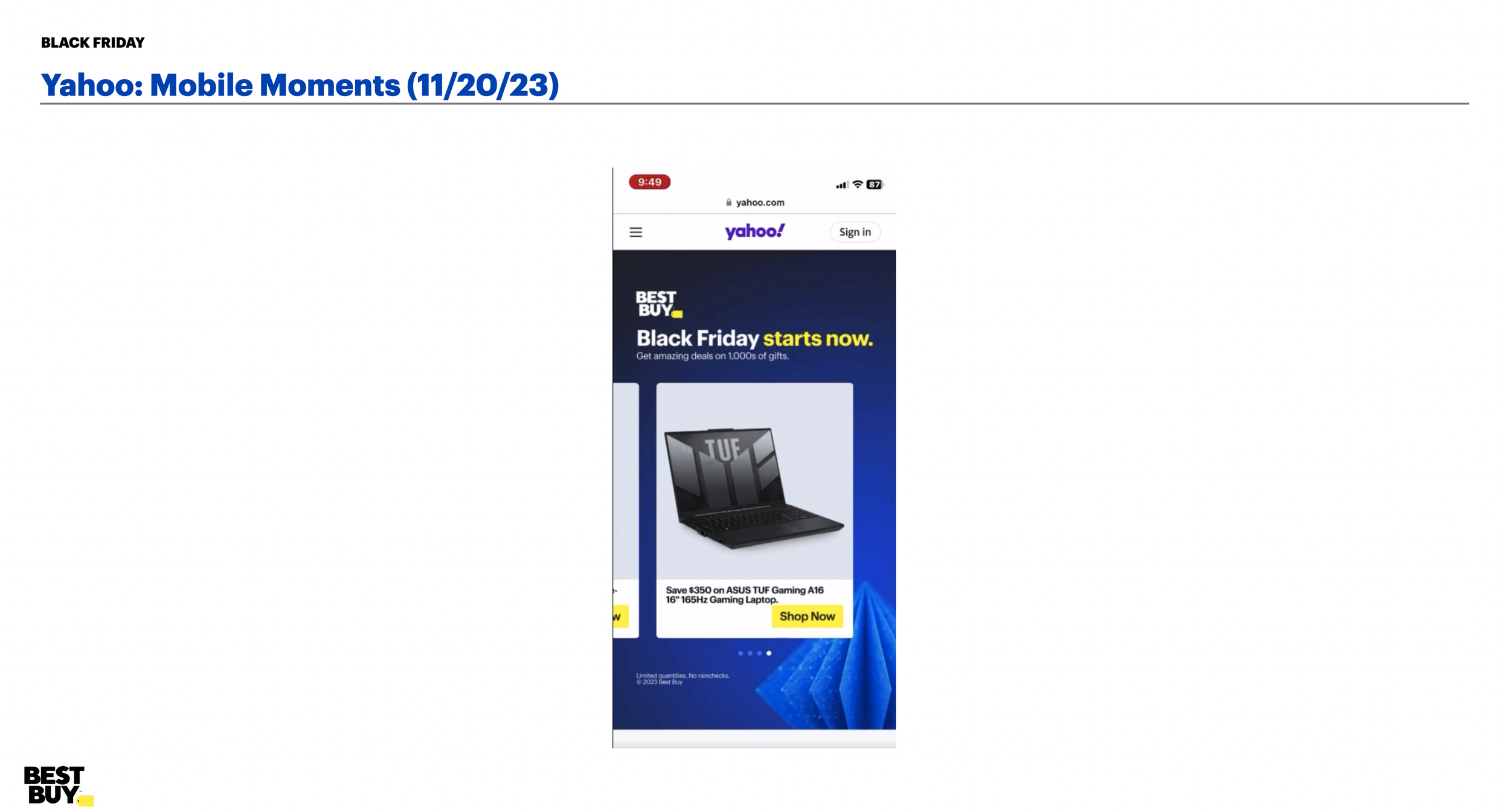 Yahoo webpage advertising Black Friday deals, featuring a promotion for Best Buy with text 'Black Friday starts now' and an image of an ASUS TUF Gaming Laptop with a yellow 'Shop Now' button.