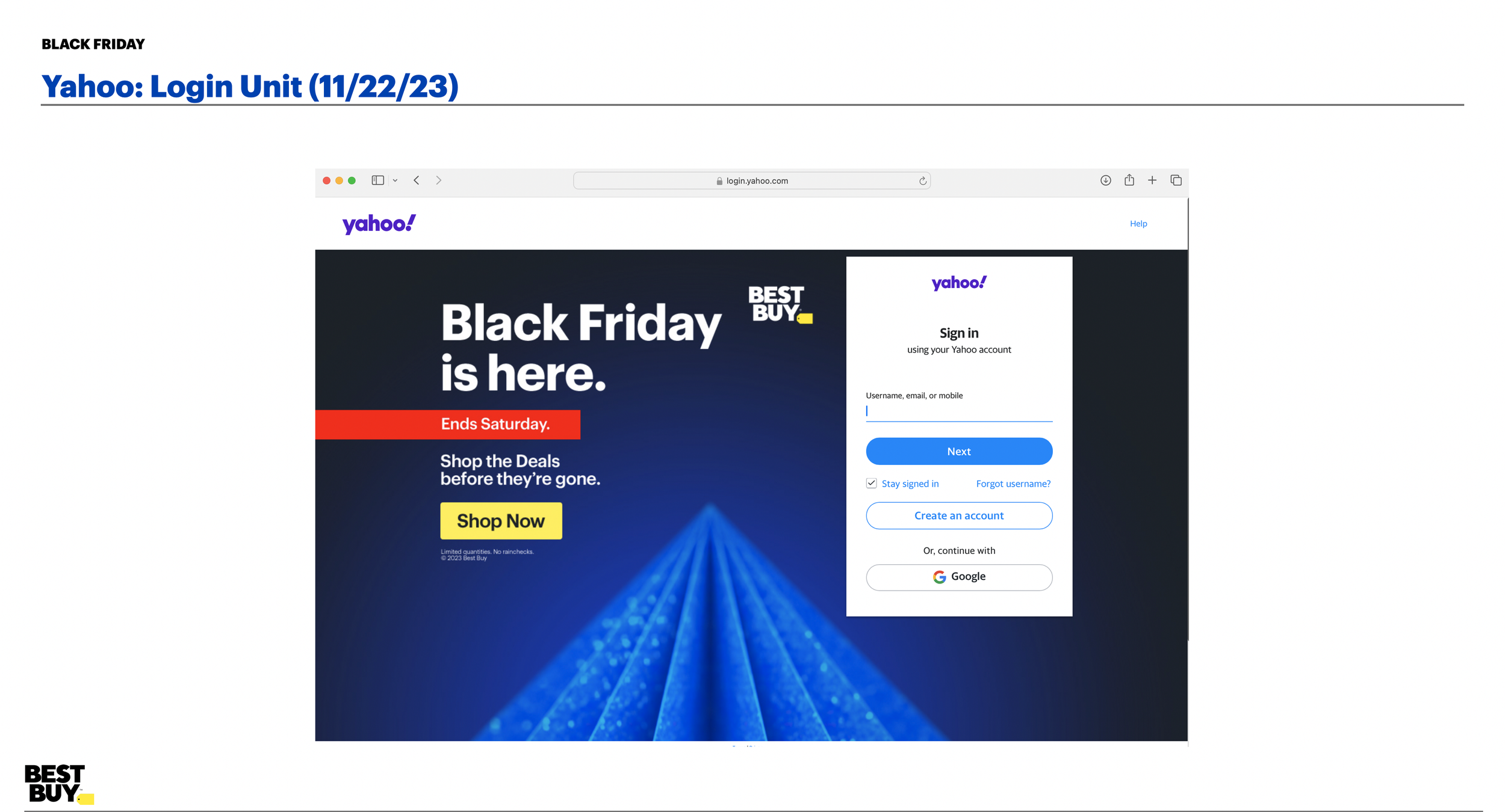 Yahoo login webpage shown with Black Friday sale advertisement, promotional message, and sign-in form.
