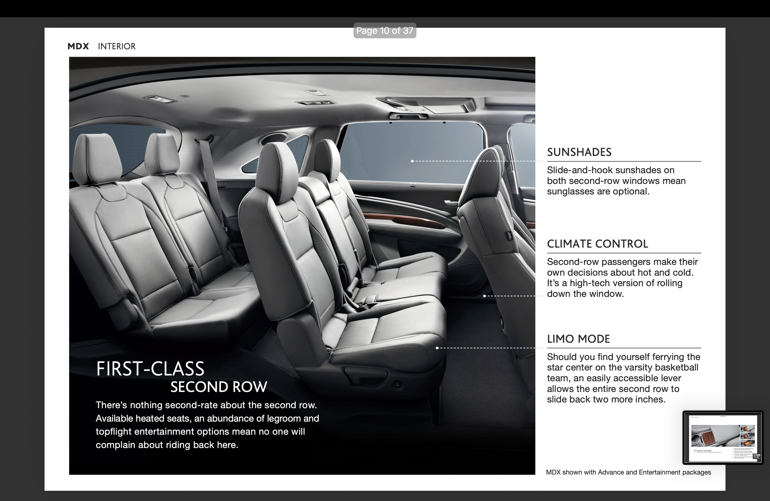 Interior of a luxury vehicle showing the second row of seats, featuring light-colored leather upholstery, adjustable headrests, and large windows with sunshades. Text highlights features such as sunshades, climate control, and limo mode.