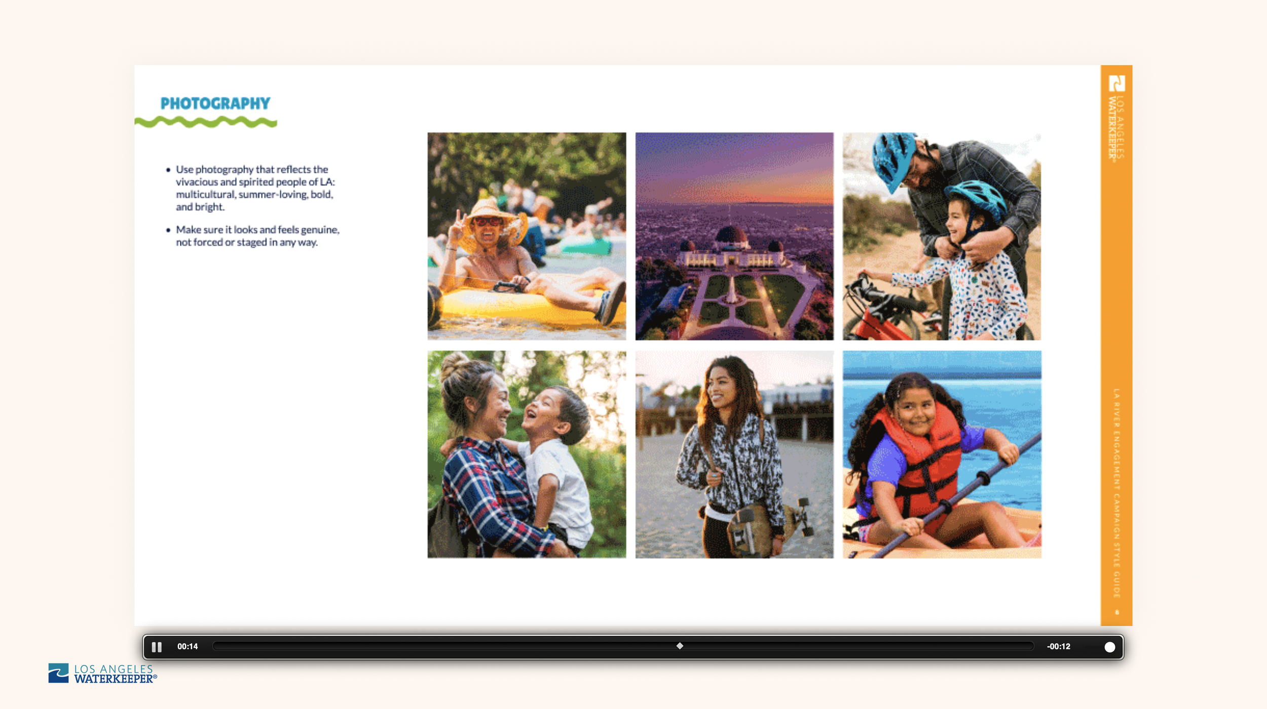 A page from a water safety guide showing diverse people engaging in outdoor activities like swimming, watching the sunset, biking, and kayaking, to promote vibrant, genuine experiences.