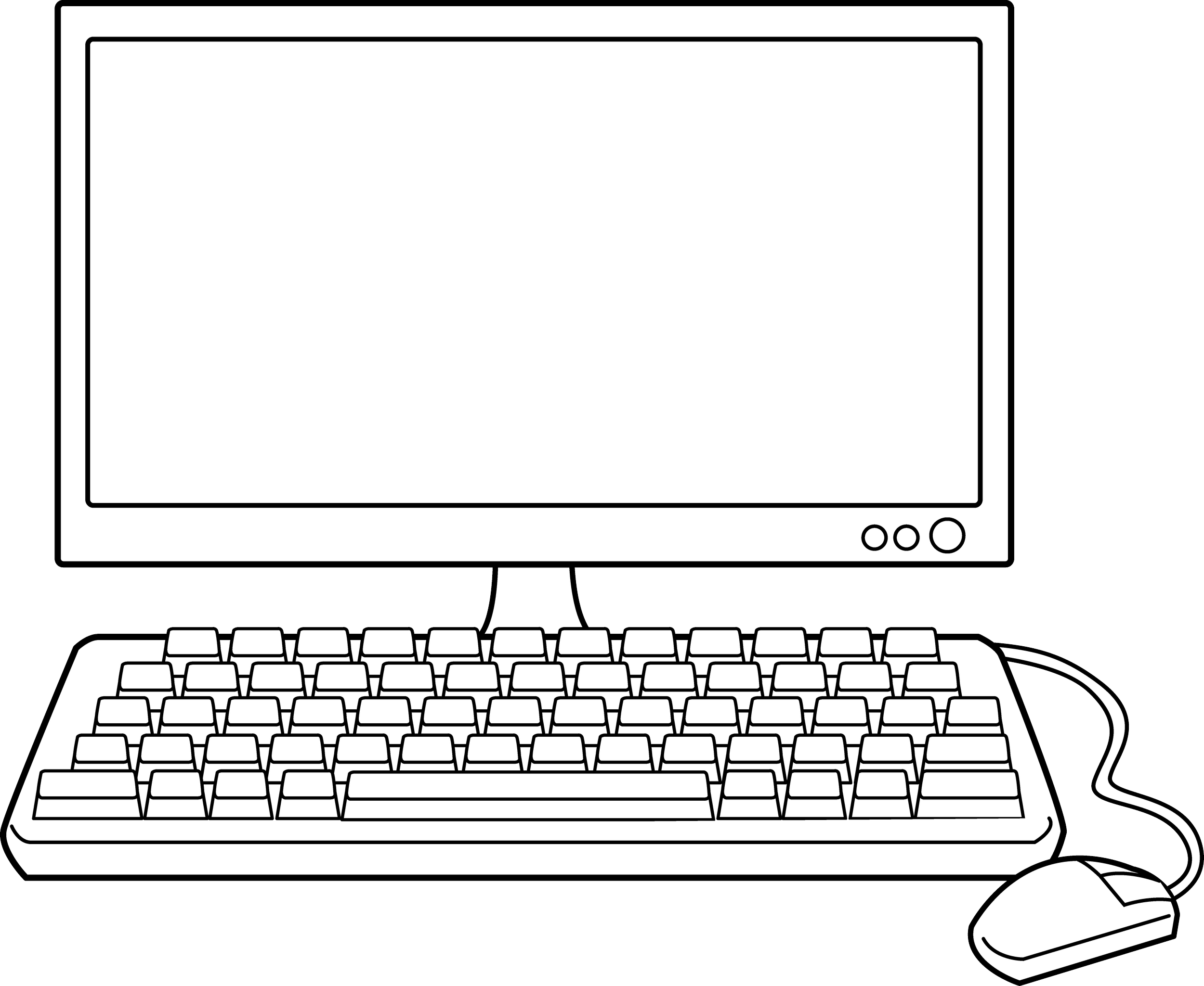 Line drawing of a laptop computer with a keyboard, screen, and a mouse on the right side.