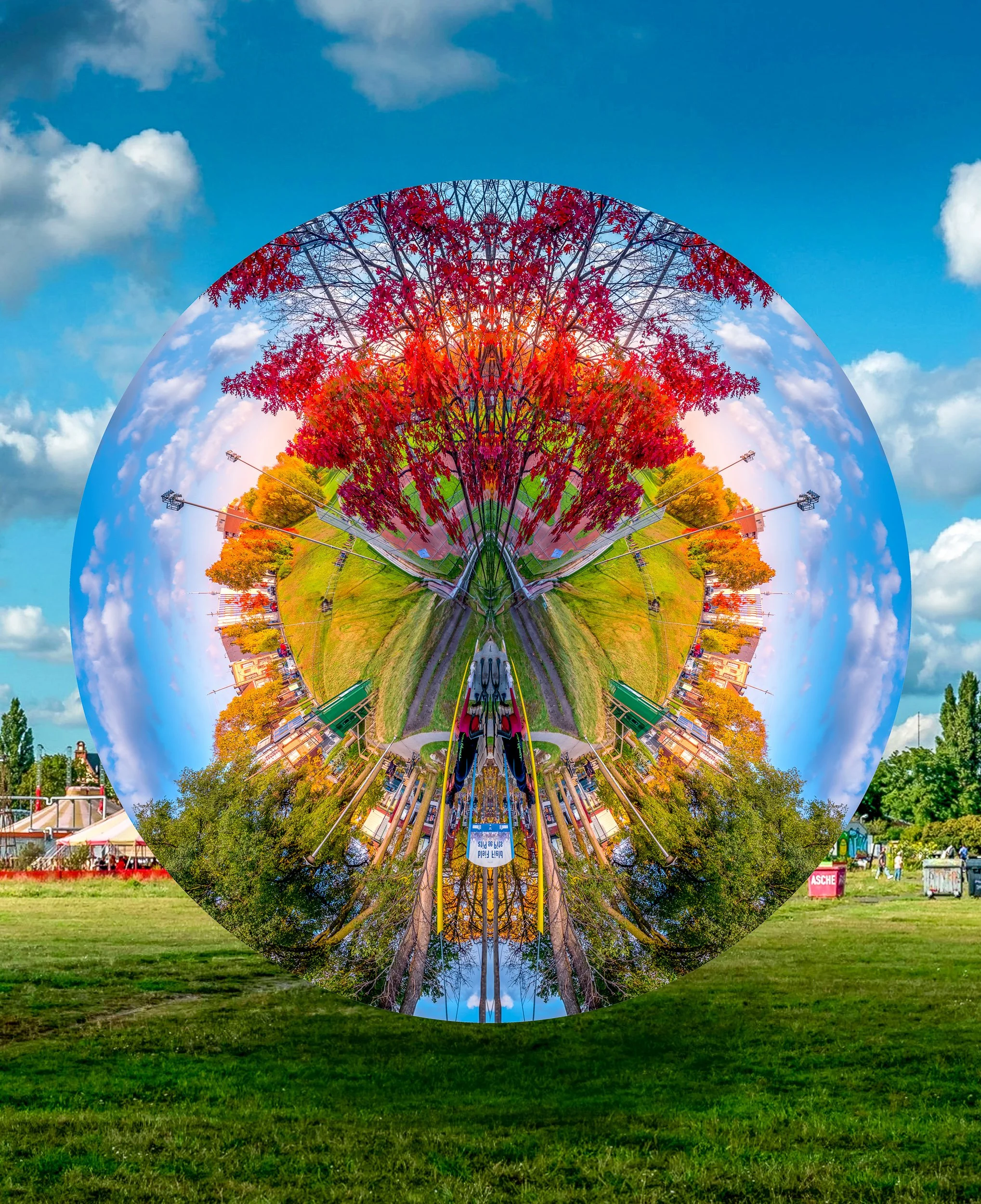 Surreal photographic composition of a mirrored, spherical landscape, with a vivid red and yellow tree-like form against a blue sky, surrounded by green grass.