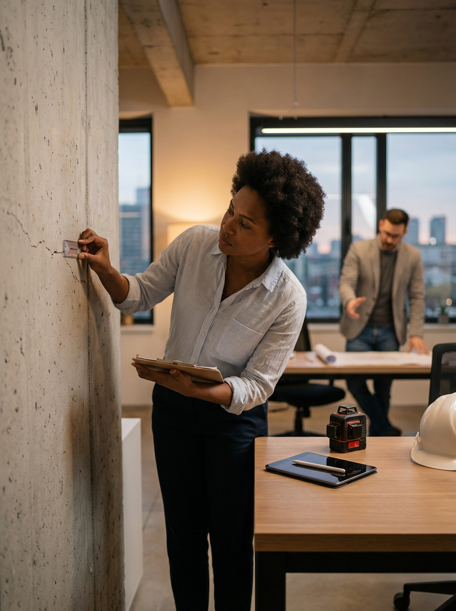 A woman in professional attire marks a wall with a pencil and ruler inside an office, with a man in the background handling blueprints.