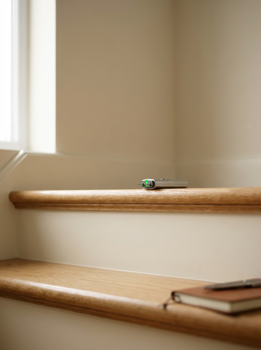 A digital thermometer with a green indicator light resting on a wooden shelf near a window, with a closed book on the lower shelf.
