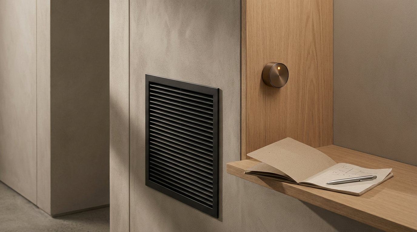 A close-up of a wall with a black air vent, a small round brown device, and a wooden shelf holding an open notebook and a pen.