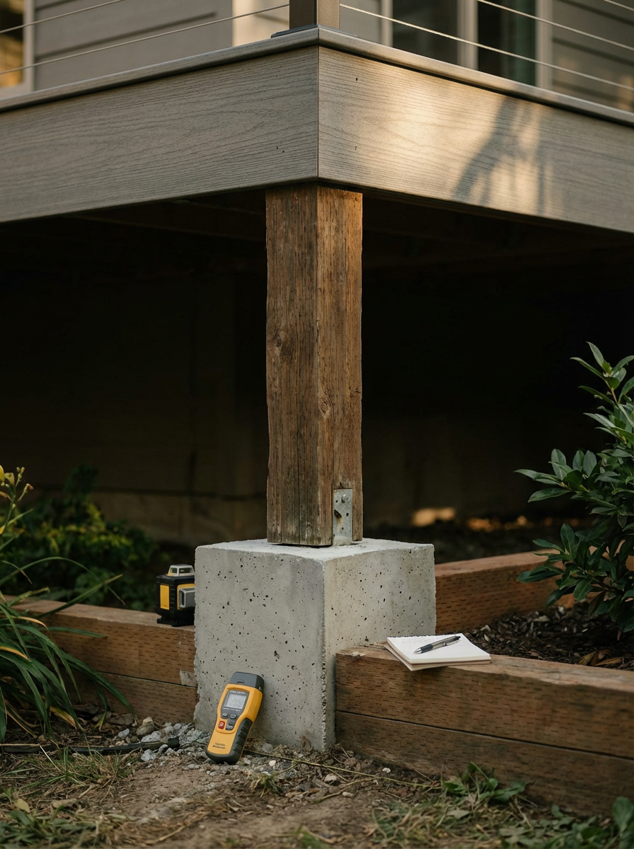 Close-up of a construction site showing the corner of a building elevated on a concrete block with wooden support beams, a measuring tool, and a notepad with a pen on the ground nearby.