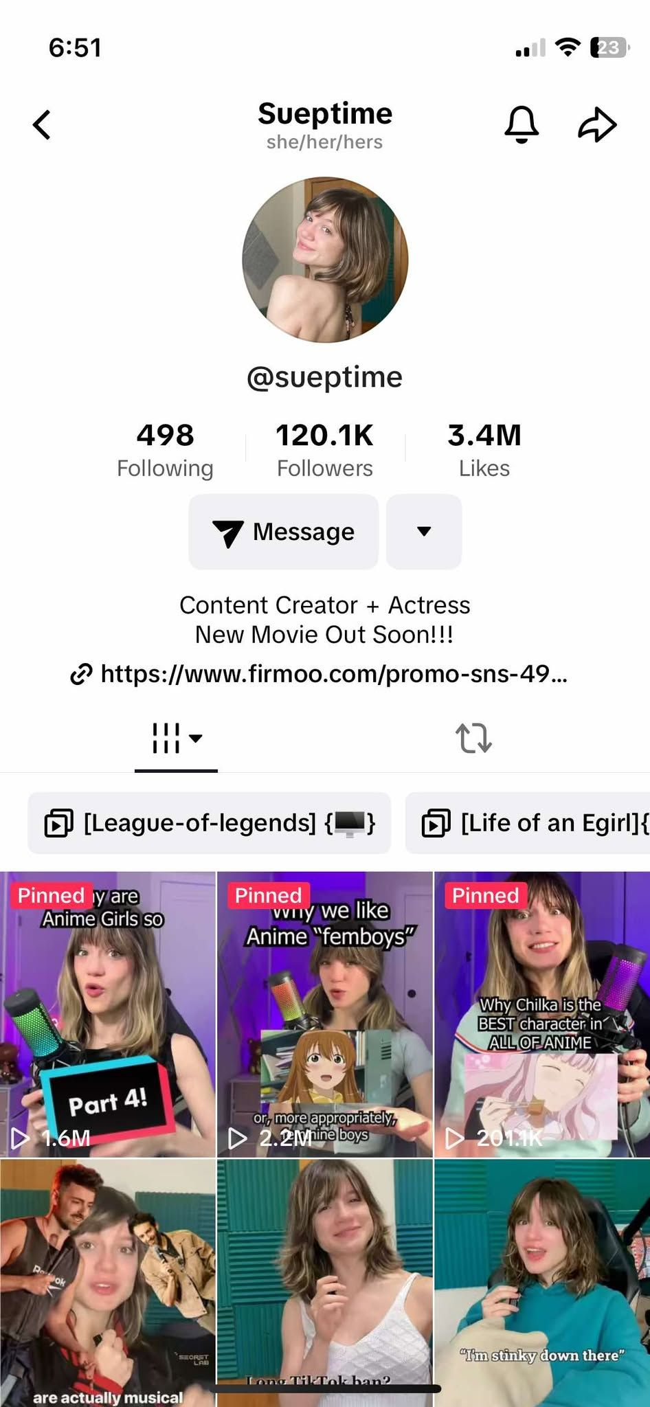Screenshot of a TikTok profile for 'Sueptime' showing her profile picture, follower stats, a link, and several video thumbnails featuring a young woman with shoulder-length hair, making various facial expressions, with some videos labeled as pinned.