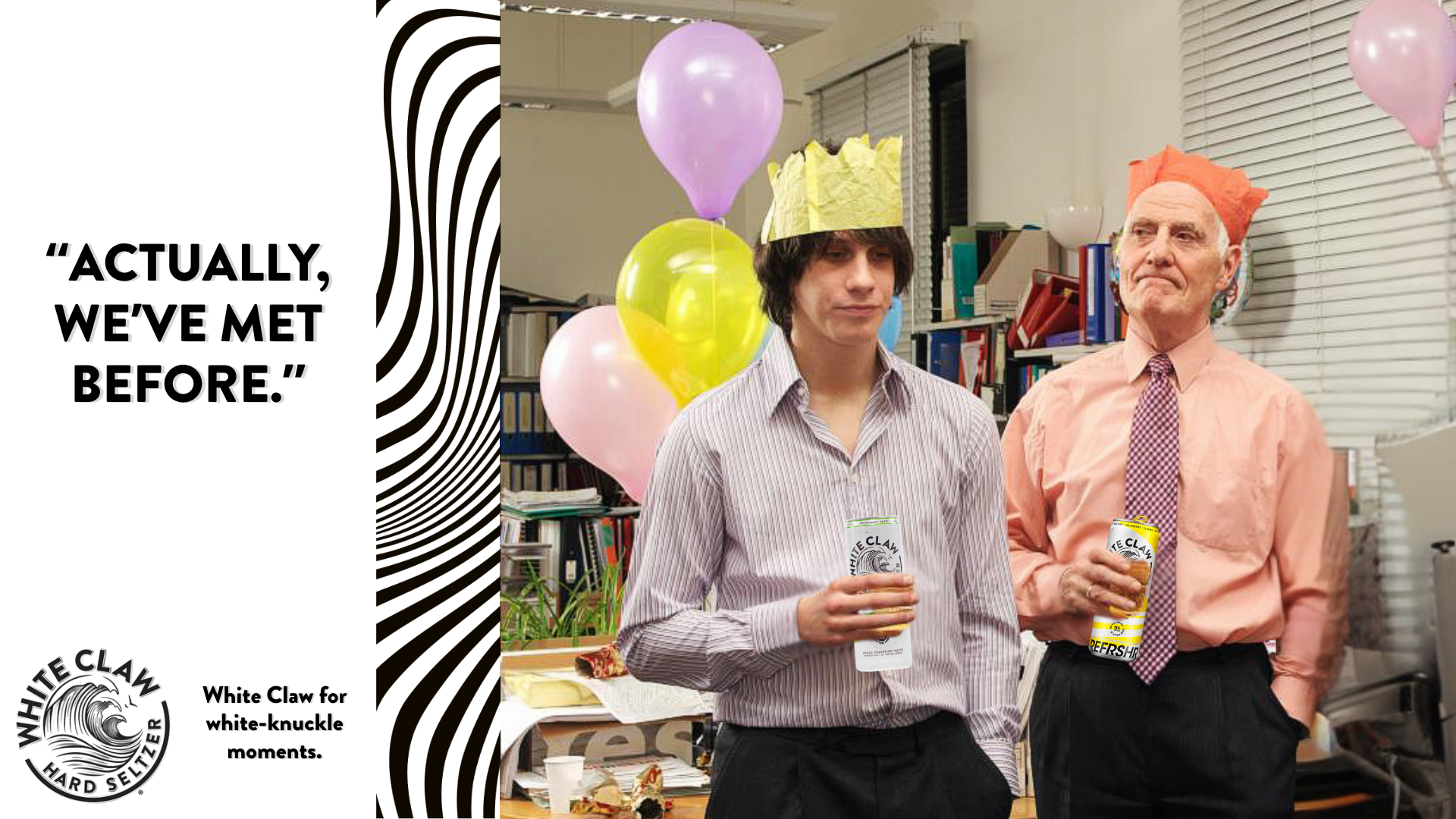 Two men at an office party wearing paper crowns and holding drinks, with balloons and decorations in the background, and the quote 'Actually, we've met before.' on the left side.