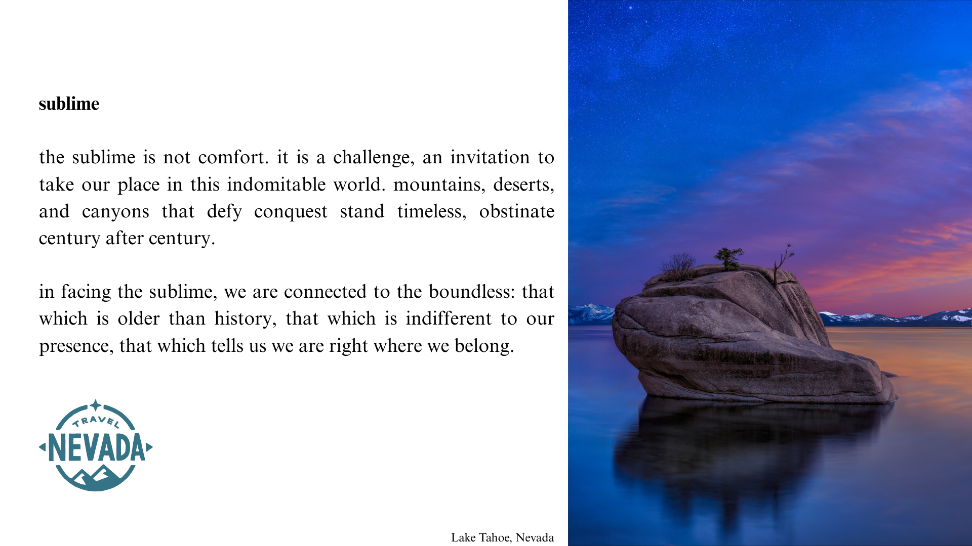 A large rock formation in Lake Tahoe, Nevada, with small trees growing on it and snow-capped mountains in the background under a twilight sky with purple, pink, and blue hues.