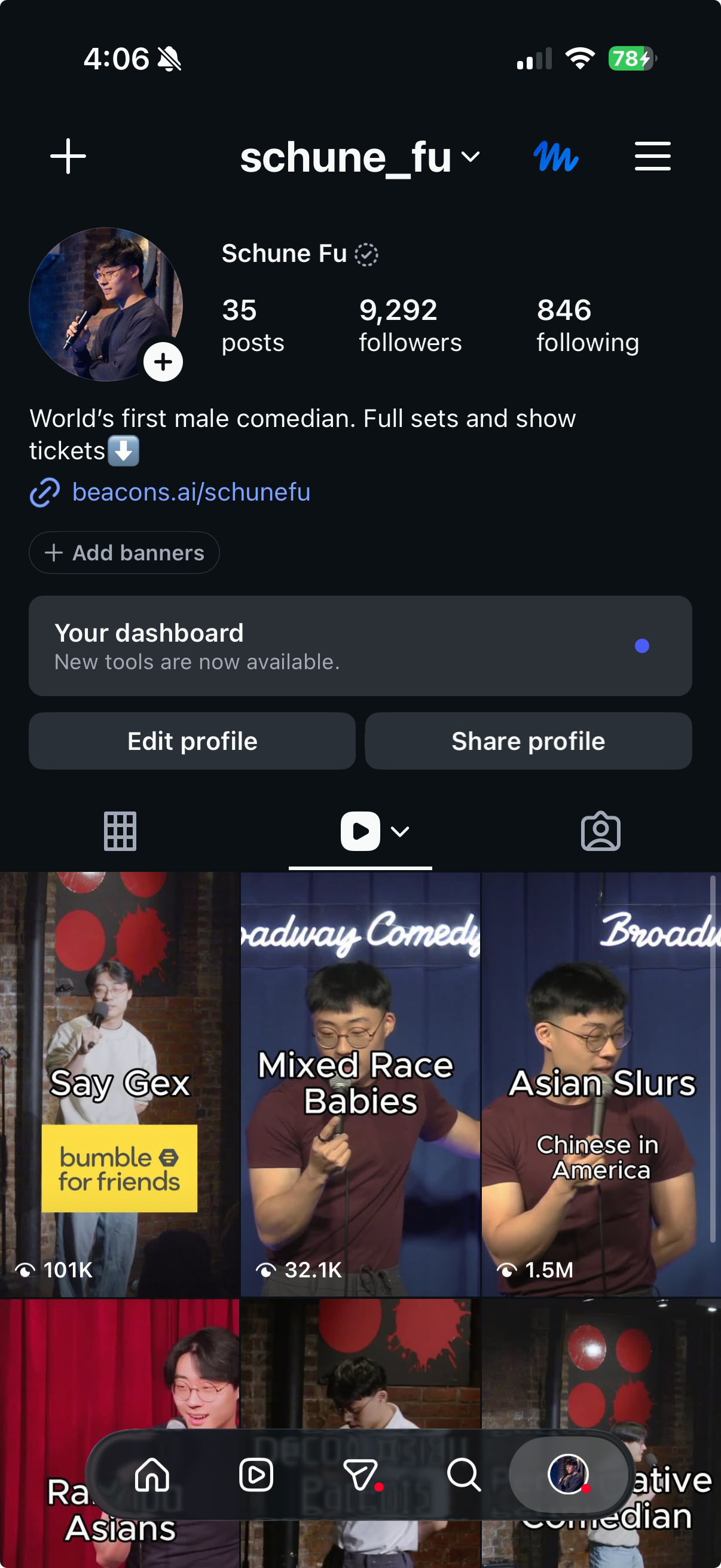 Screenshot of a social media profile page for Schune Fu, featuring a profile picture of a man holding a microphone, and six video thumbnails of comedy shows with titles like "Say Gex," "Mixed Race Babies," and "Asian Slurs."