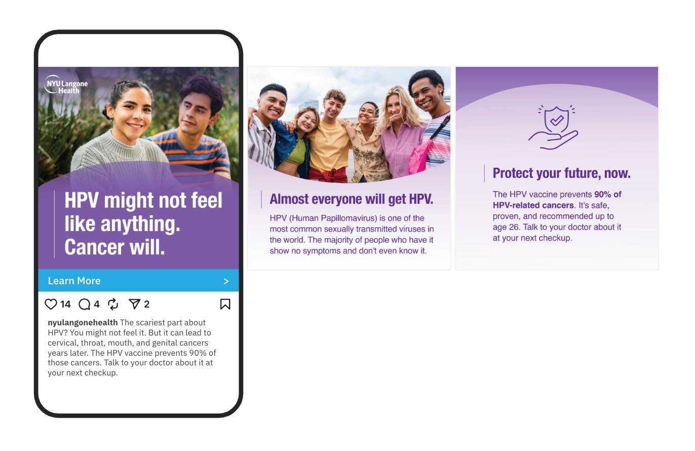 Social media post promoting HPV vaccination awareness by NYU Langone Health, featuring images of diverse young adults, and text highlighting that HPV might not cause noticeable symptoms but can lead to cancers, emphasizing the importance of vaccination.