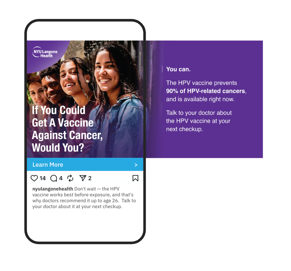 An advertisement from NYU Langone Health showing diverse young women smiling. The ad promotes the HPV vaccine, highlighting its effectiveness in preventing 90% of HPV-related cancers, and encourages talking to a doctor about vaccination.