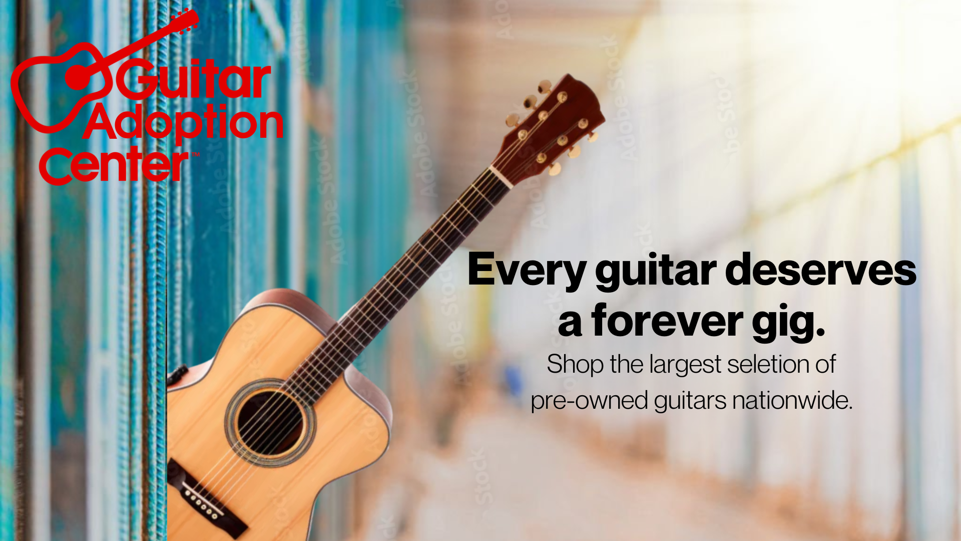 An acoustic guitar leaning against a shelf filled with various colored books at a guitar store. The store's logo and tagline promoting guitar adoption and sales of pre-owned guitars are overlaid on the image.