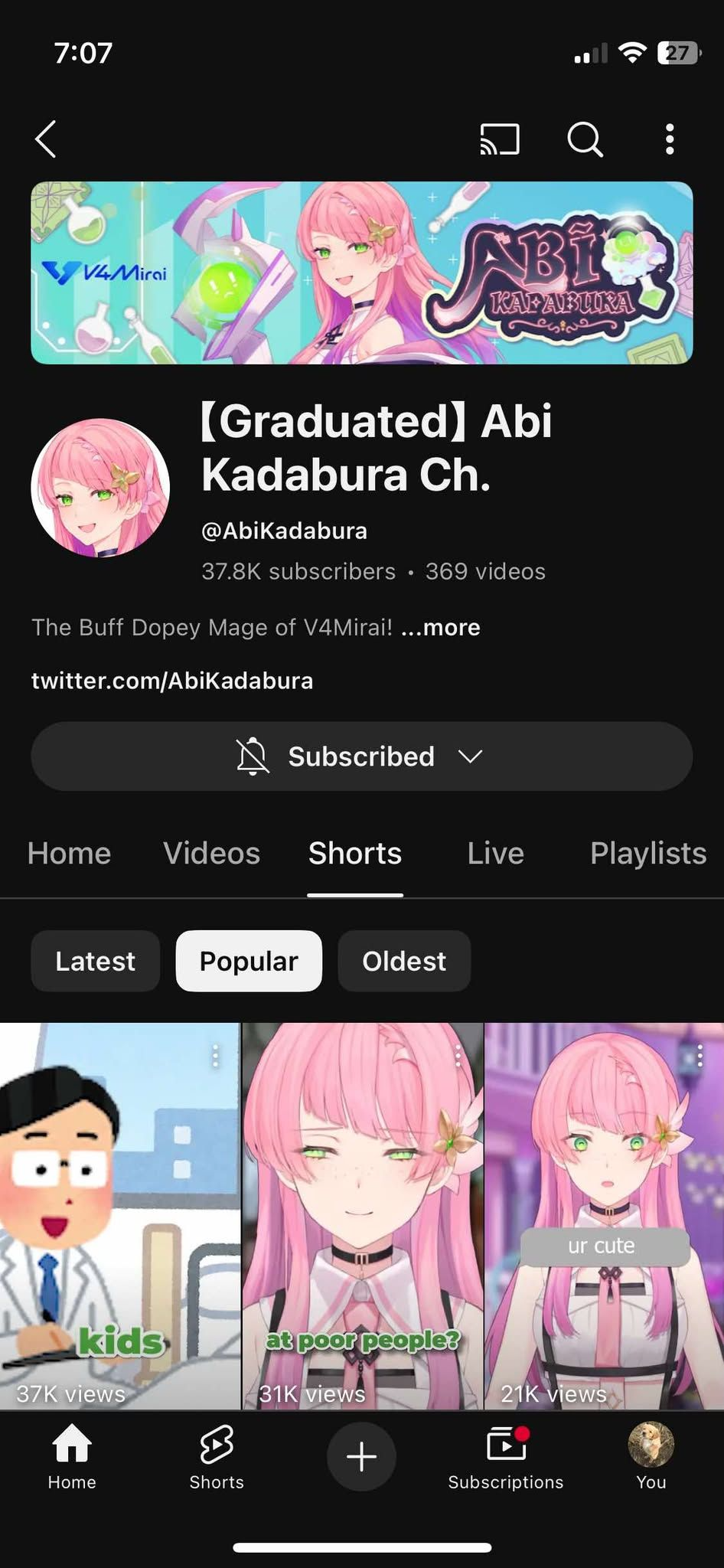 YouTube profile page for Abu Kadabura Channel featuring anime-style character with pink hair and green eyes, and a colorful banner with science-themed illustrations.