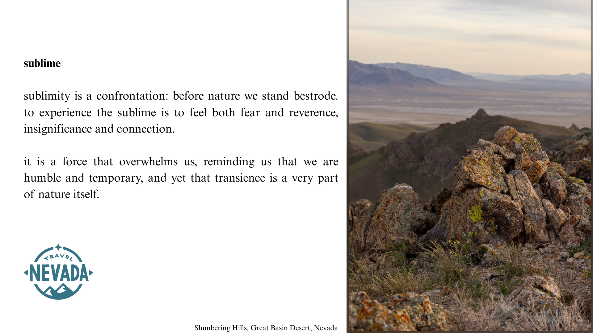 Scenic view of the Slumbering Hills in Great Basin Desert, Nevada, with rocky terrain and mountains in the distance under a cloudy sky.