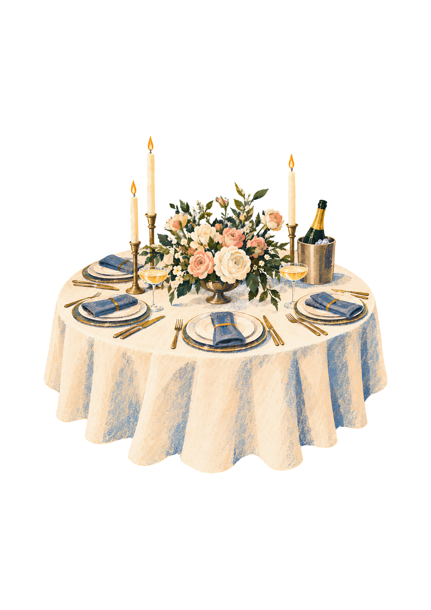 Round dining table set for a celebration with floral centerpiece, three lit candles, blue napkins with gold napkin rings, gold flatware, blue and white plates, and champagne bottles in an ice bucket.