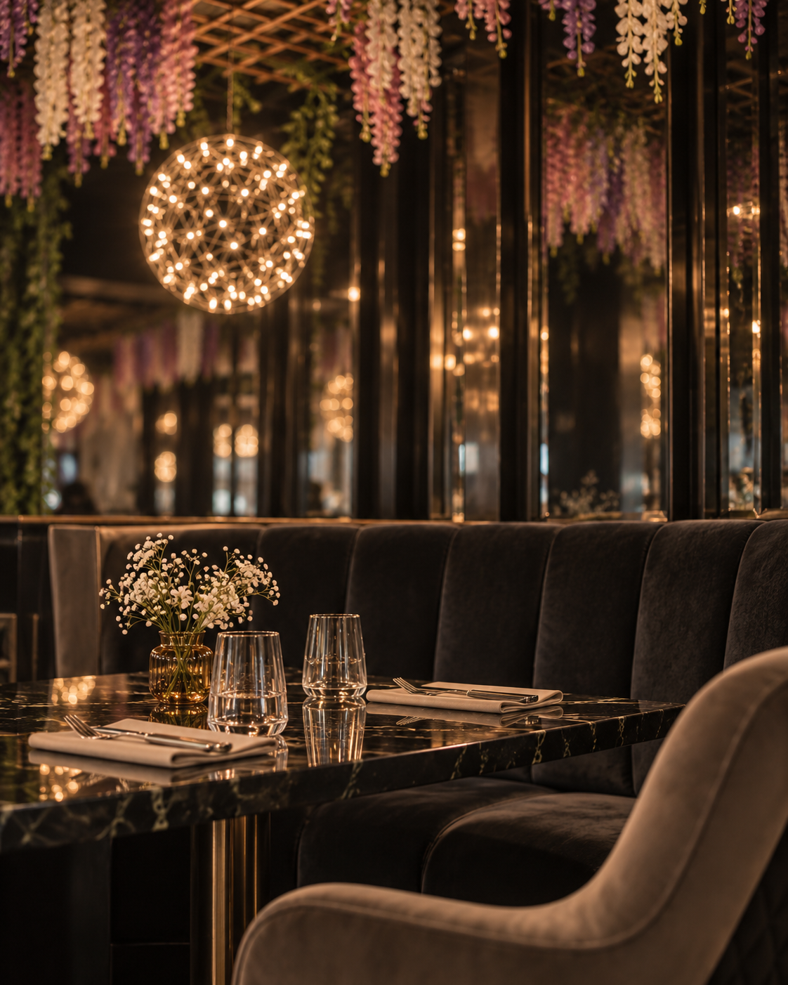 Elegant restaurant interior with black marble table set with white napkins, glasses, and a small bouquet of white flowers in a gold vase. Behind, black velvet seating and large mirrors reflect warm chandelier lights and hanging pink and purple flowers, creating a romantic ambiance.