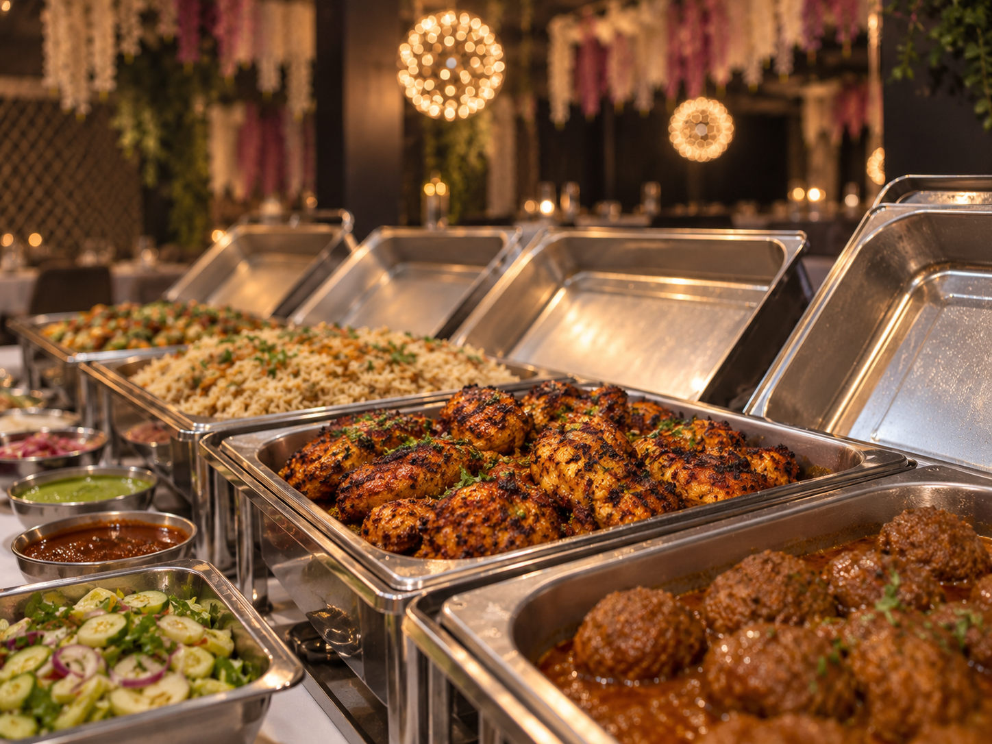 Buffet with trays of grilled chicken, rice, meatballs, and salads, decorated with hanging flowers and spherical lights in the background.