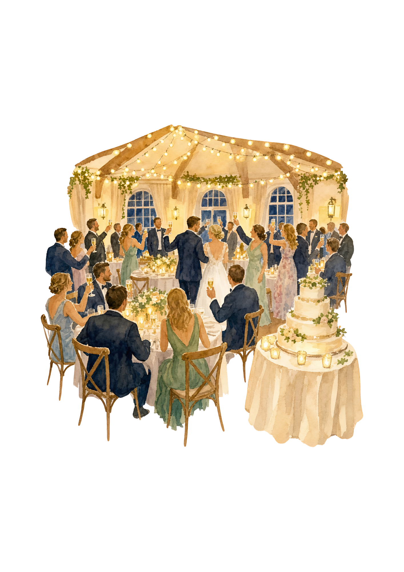 Watercolor illustration of a wedding reception inside a decorated tent with string lights and greenery, featuring seated guests, a bride and groom dancing, a decorated table with flowers and a tiered wedding cake.