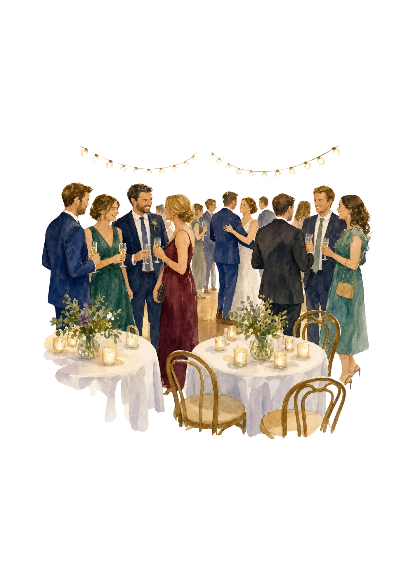 Watercolor illustration of a wedding reception with guests mingling and talking, decorated with string lights and flowers, with white tablecloths and candles.
