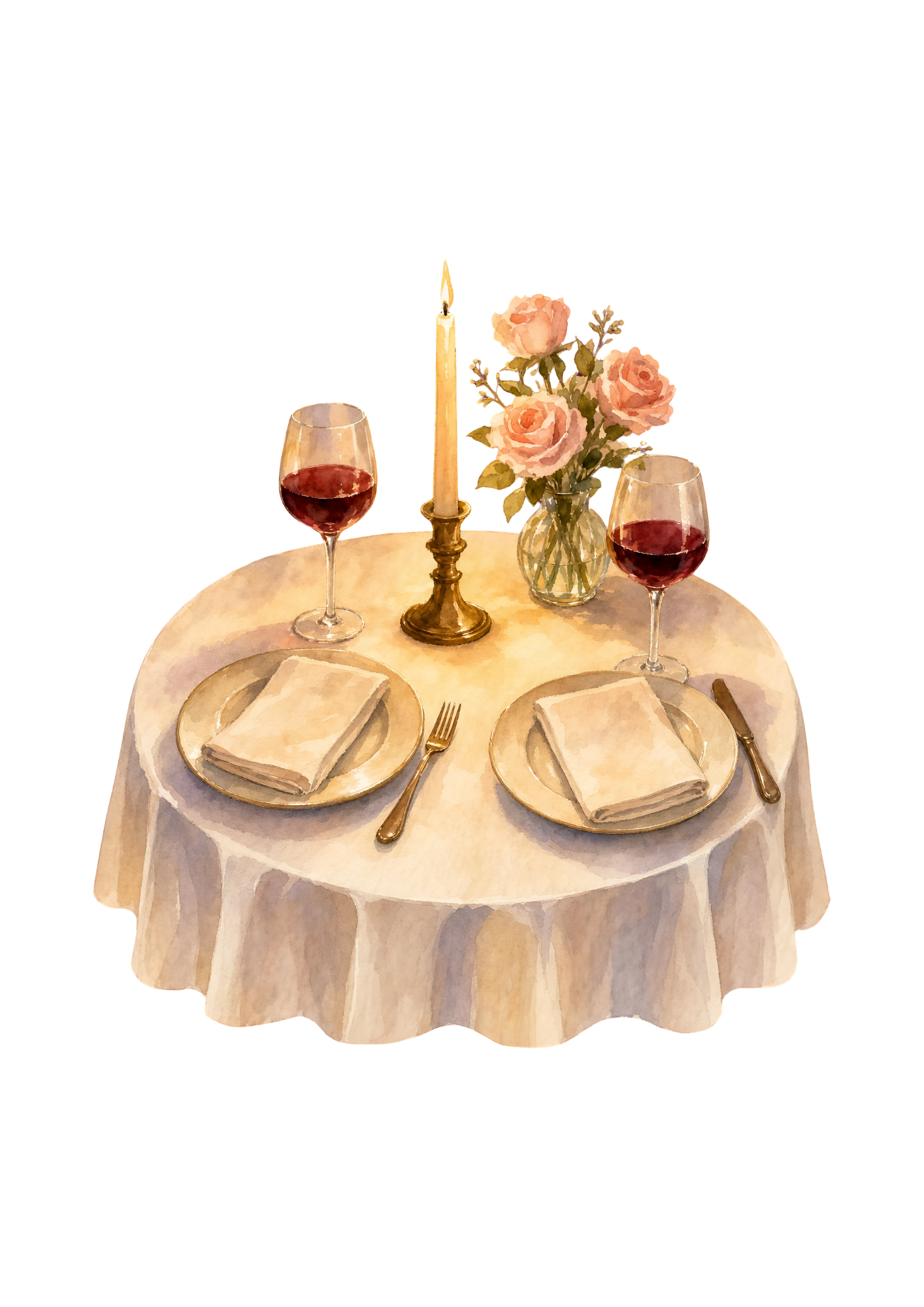 Table setting with two plates, two glasses of red wine, a candle, and a vase with pink roses on a round, cream-colored tablecloth.