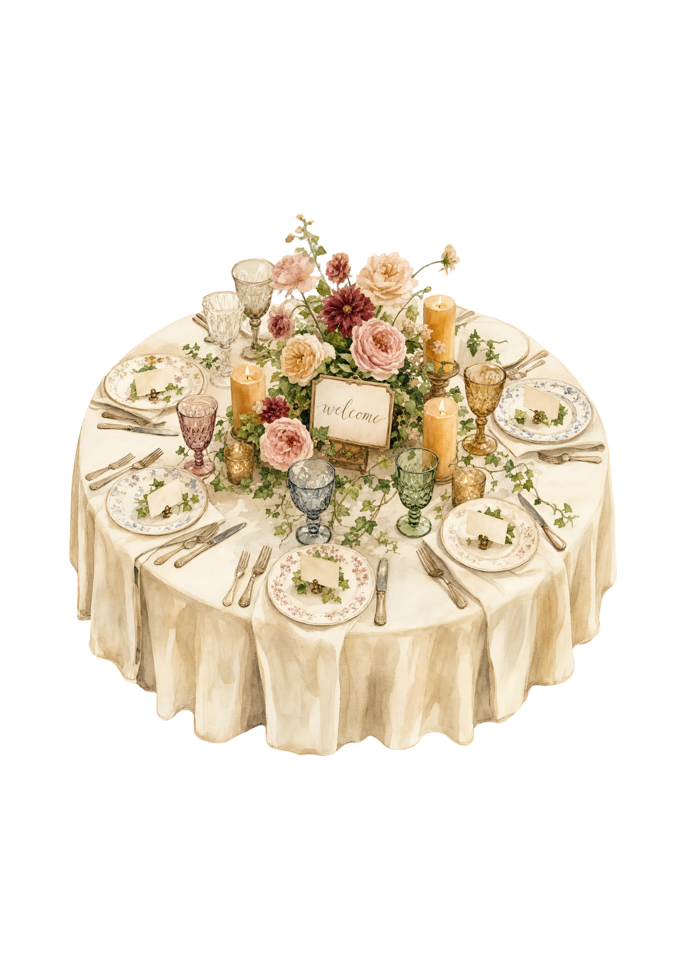 Elegant round table set for a celebration with floral centerpiece, candles, vintage glassware, floral-patterned plates, and a welcoming sign.