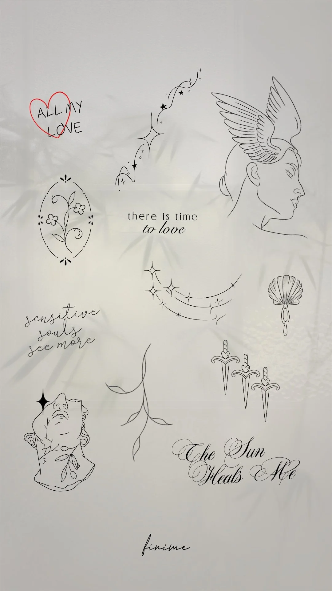 Planche de flashs fine line Finime : ailes, visage, poignards et lettrages All my love et The sun heals me