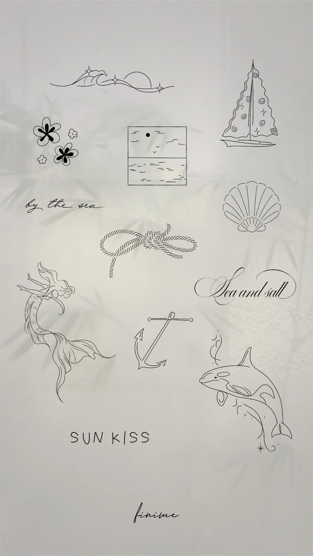 Planche de flashs fine line Finime sur le thème de la mer : vague, voilier, coquillage, sirène, ancre et orque