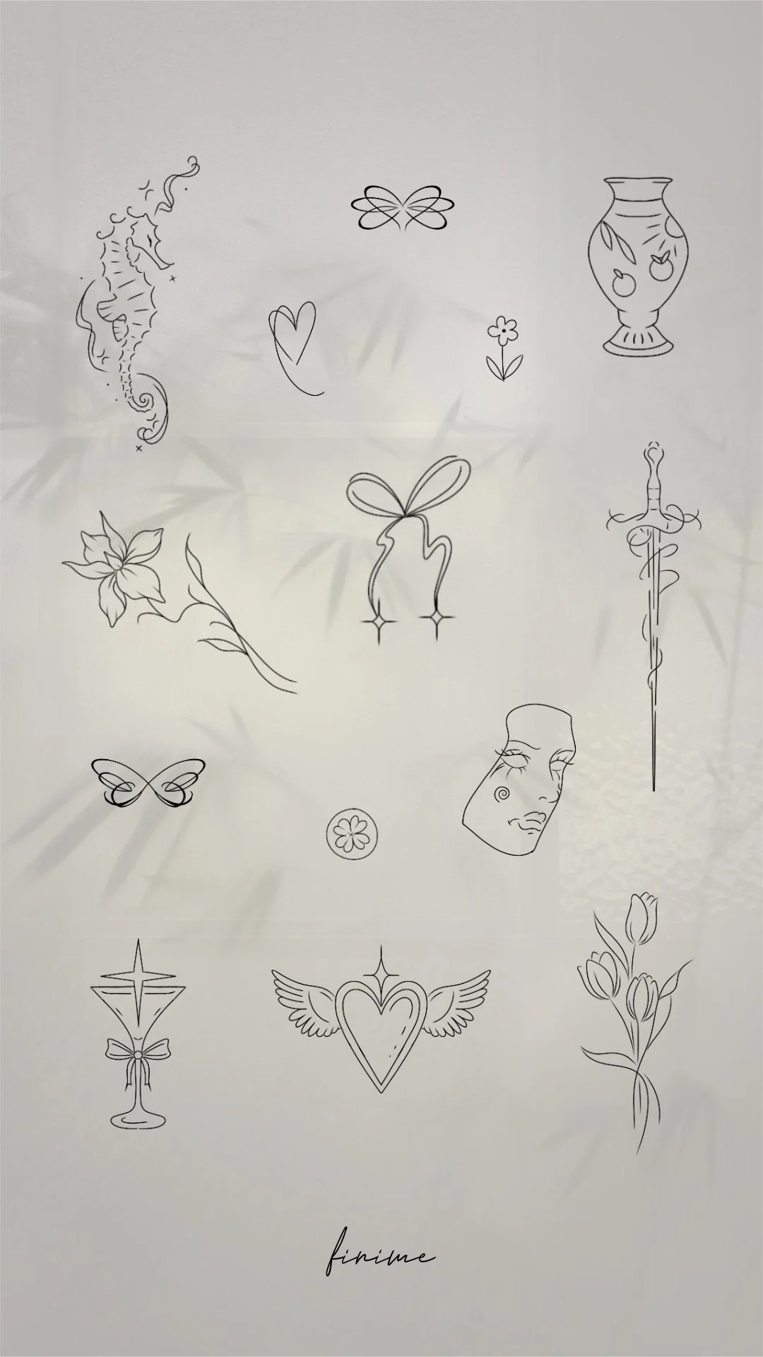 Planche de flashs fine line Finime : hippocampe, papillon, cœur ailé, tulipe et poignard fleuri