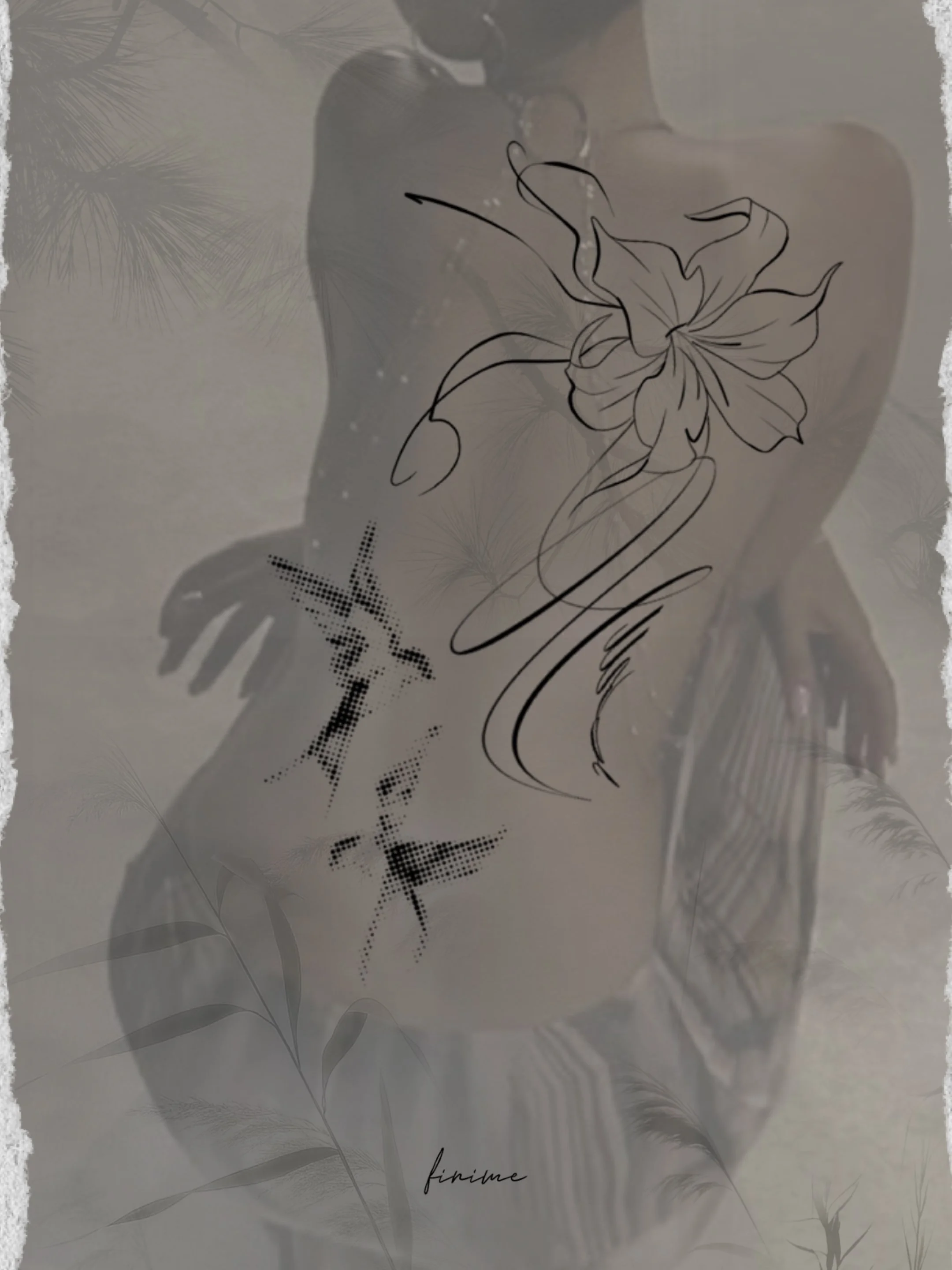 Projet de tatouage fine line Finime pour le dos : grand lys et hirondelles