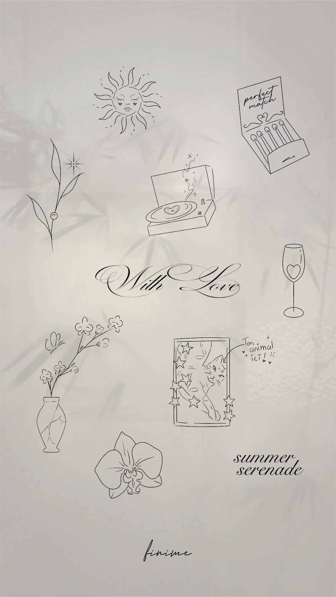 Planche de flashs fine line Finime : soleil, tourne-disque, orchidée et lettrage With Love