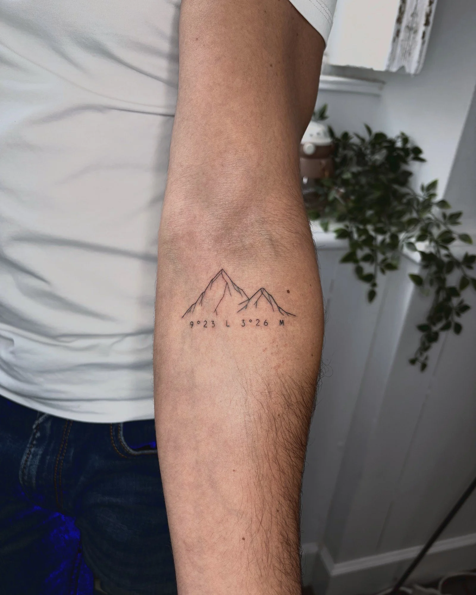 Tatouage fine line de montagnes et coordonnées sur l'avant-bras, réalisé par Finime à Lyon