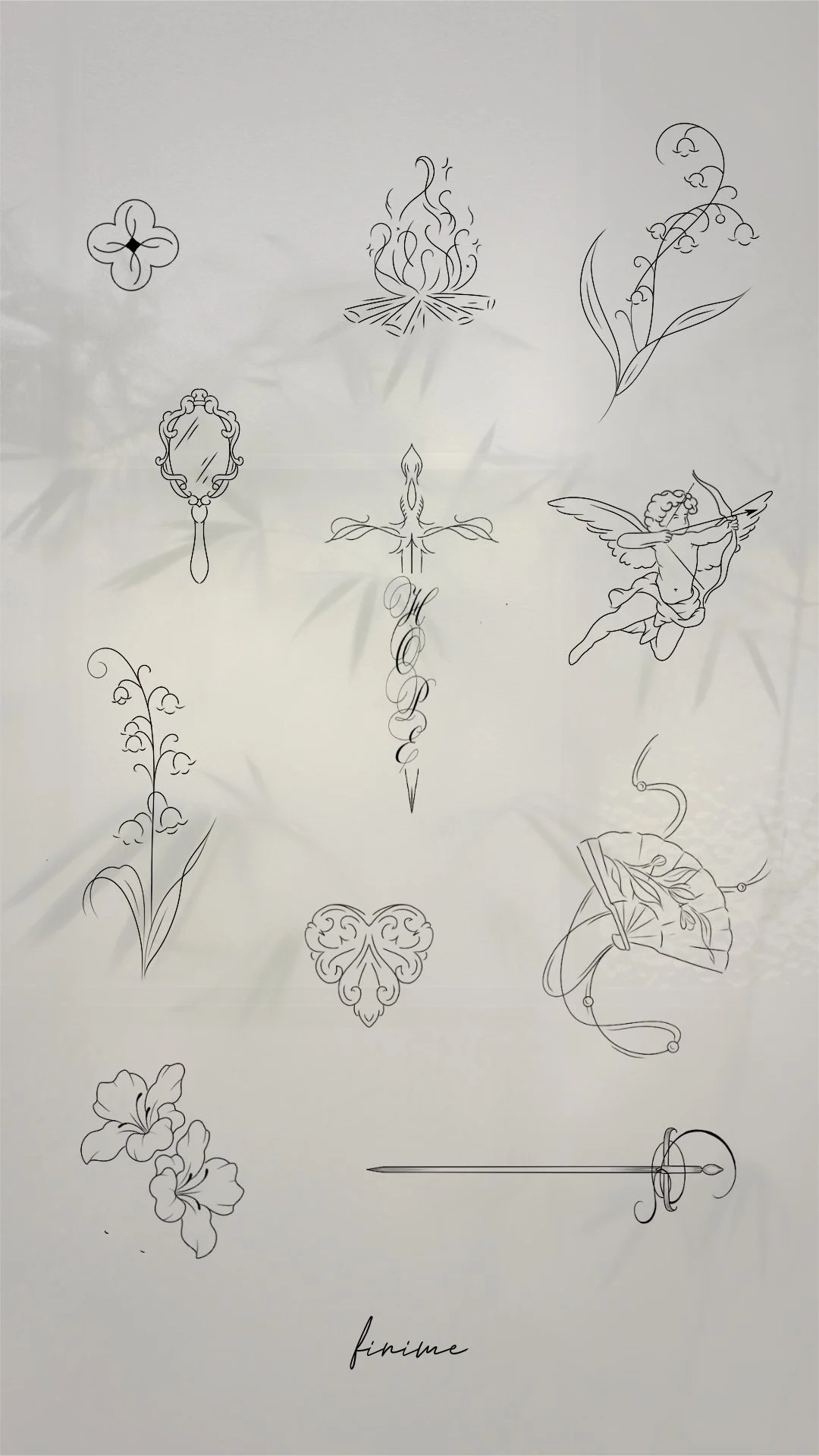 Planche de flashs fine line Finime : trèfle, lotus, miroir, chérubin, muguet et épée
