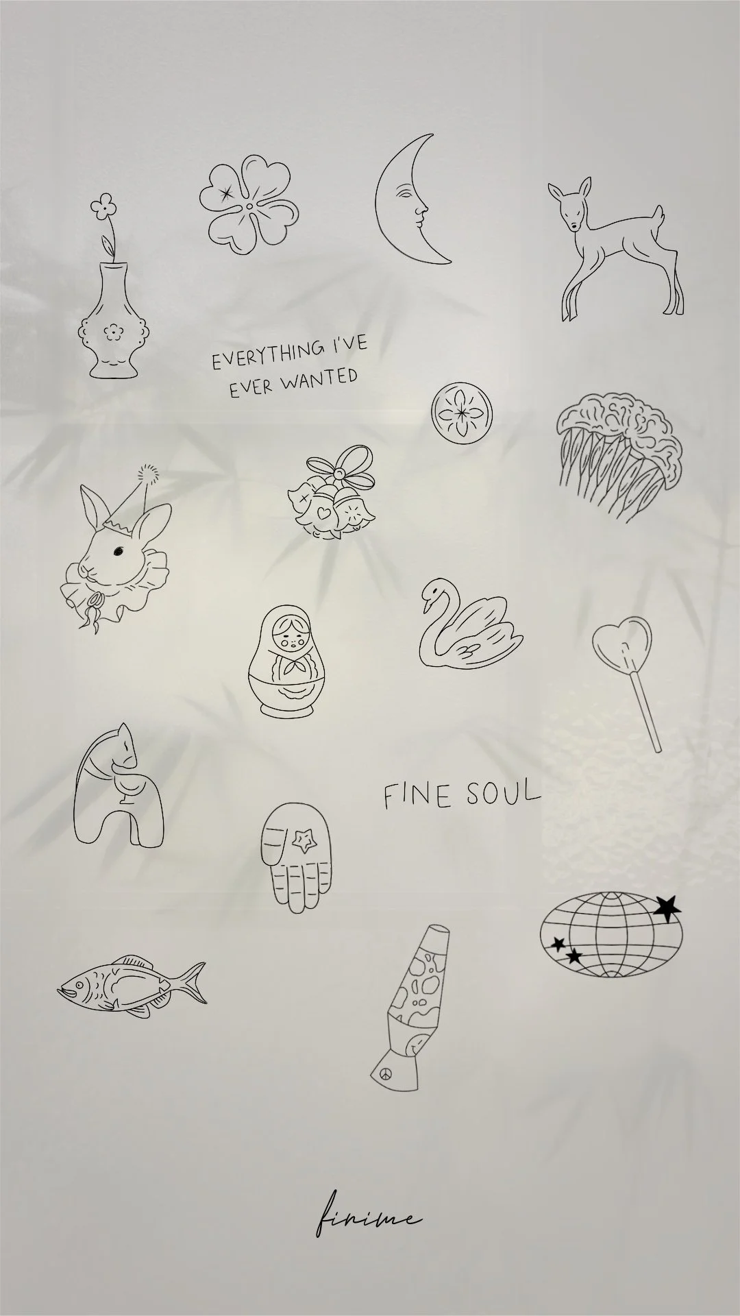 Planche de flashs fine line Finime : lune, faon, lapin, cygne, poisson et lettrage Fine soul