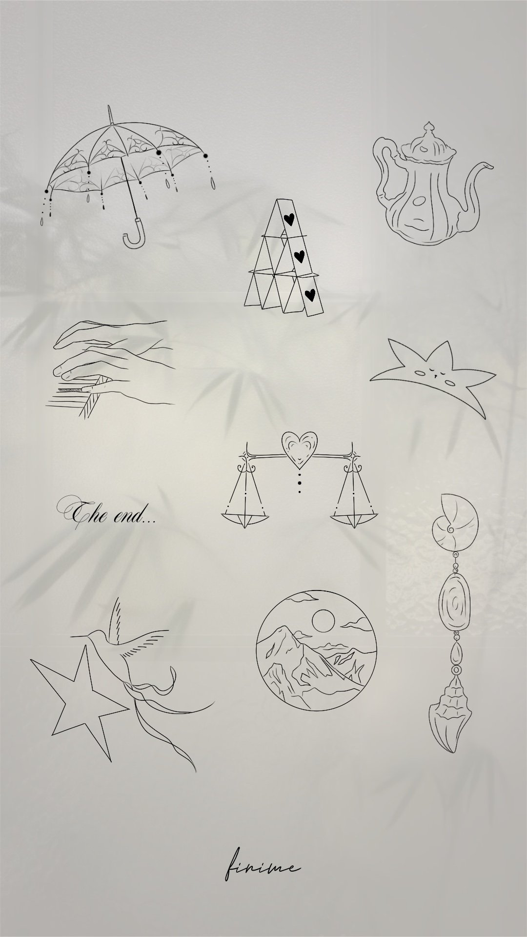 Planche de flashs fine line Finime : parapluie, château de cartes, théière, balance et étoile de mer