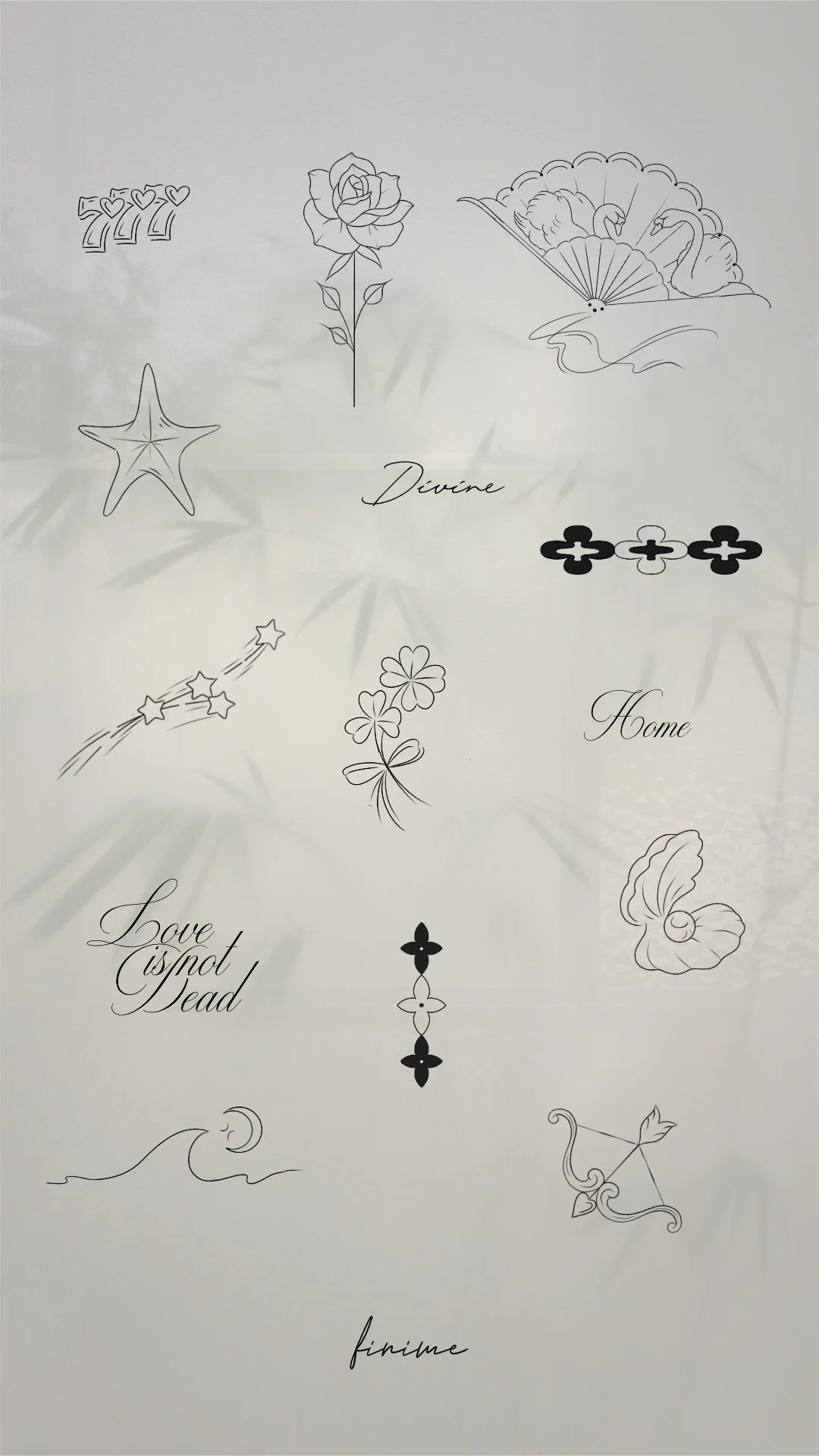 Planche de flashs fine line Finime : rose, éventail, étoile de mer, lune et lettrages Divine et Love is not dead
