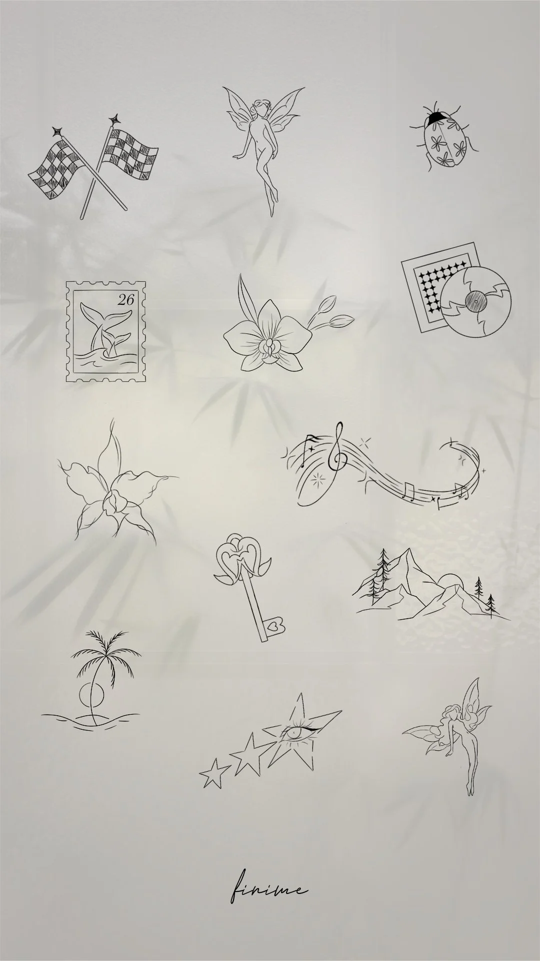 Planche de flashs fine line Finime : drapeaux, fée, coccinelle, clé, palmier et petites étoiles