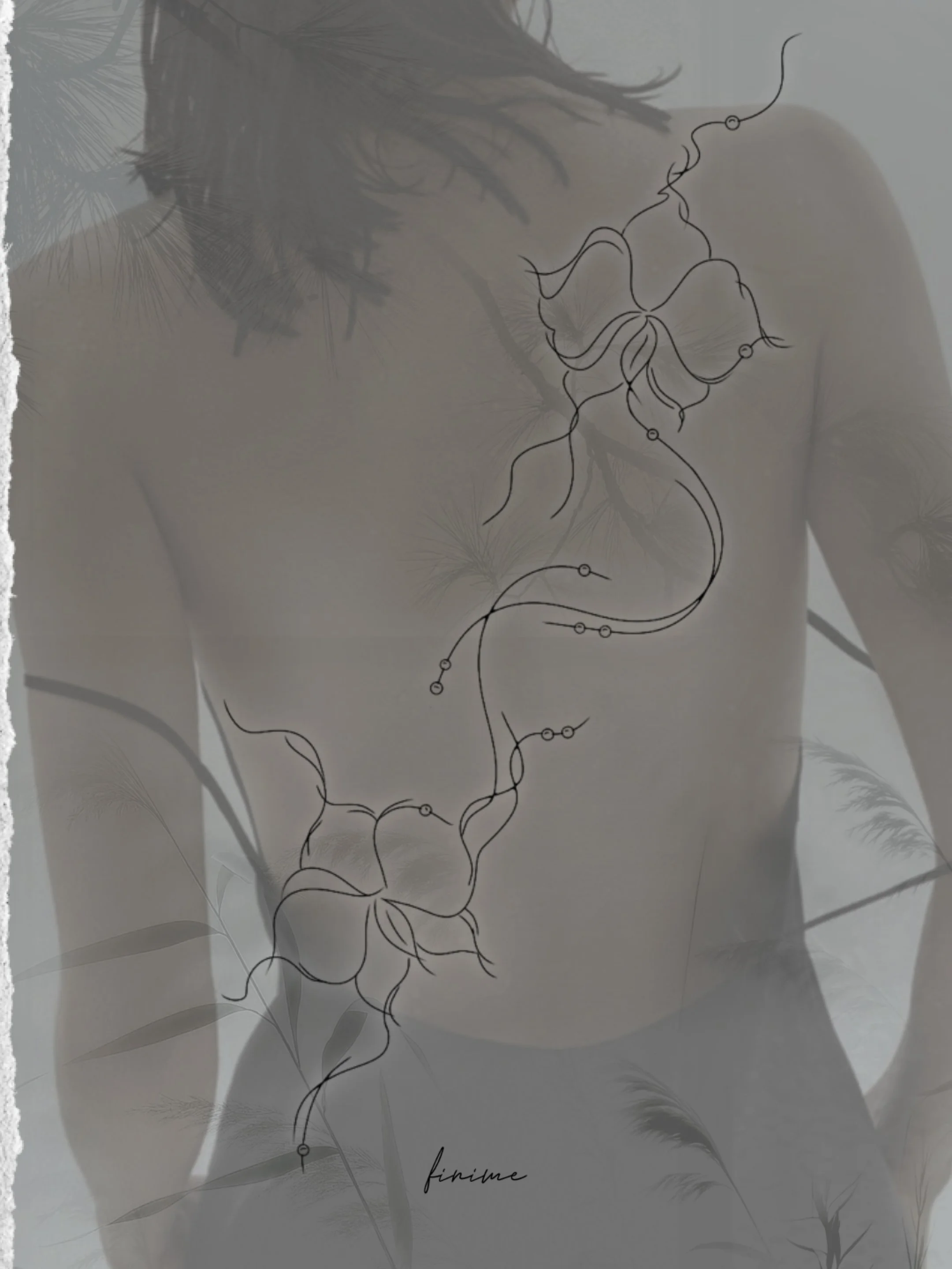 Projet de tatouage fine line Finime pour le dos : fleurs et lignes délicates le long de la colonne