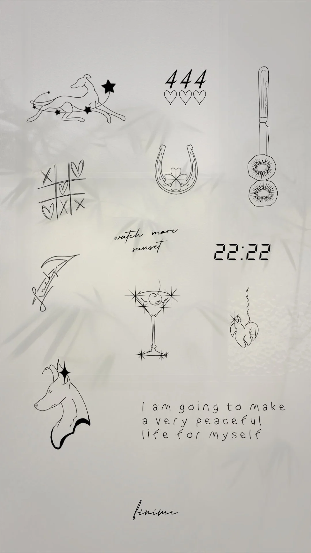 Planche de flashs fine line Finime sur les porte-bonheur : fer à cheval, 444, 22:22, martini et petits symboles