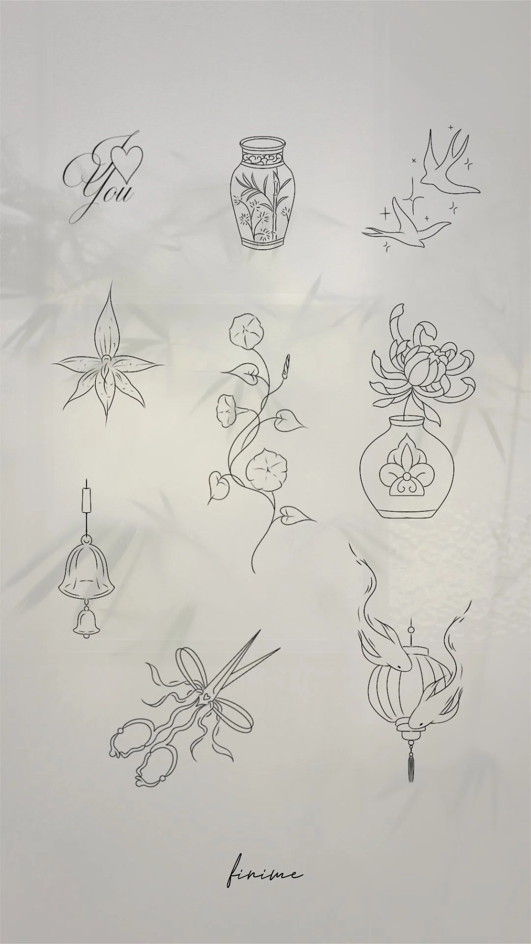 Planche de flashs fine line Finime : vases fleuris, fleurs délicates, ciseaux et lanterne