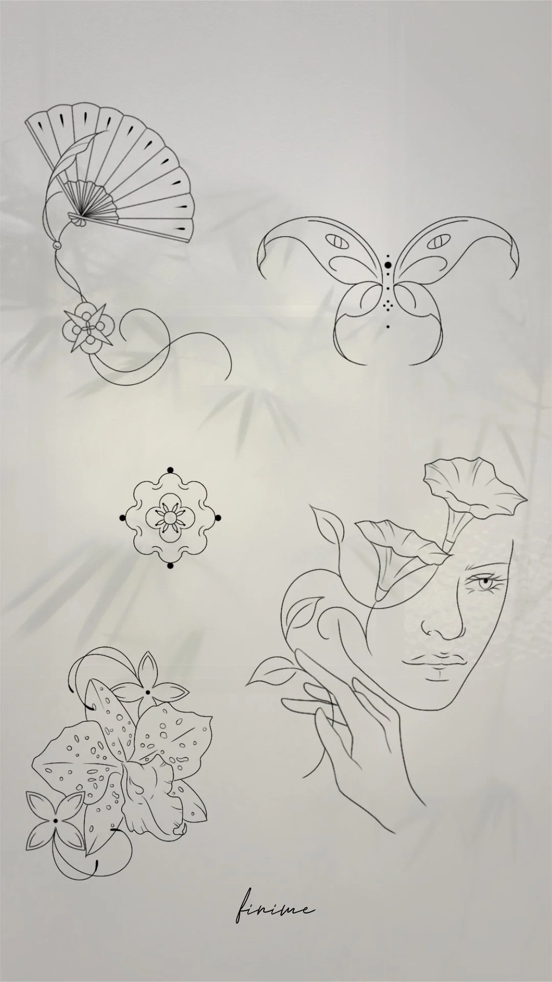 Planche de flashs fine line Finime : éventail, papillon, lys et visage dessiné en lignes fines