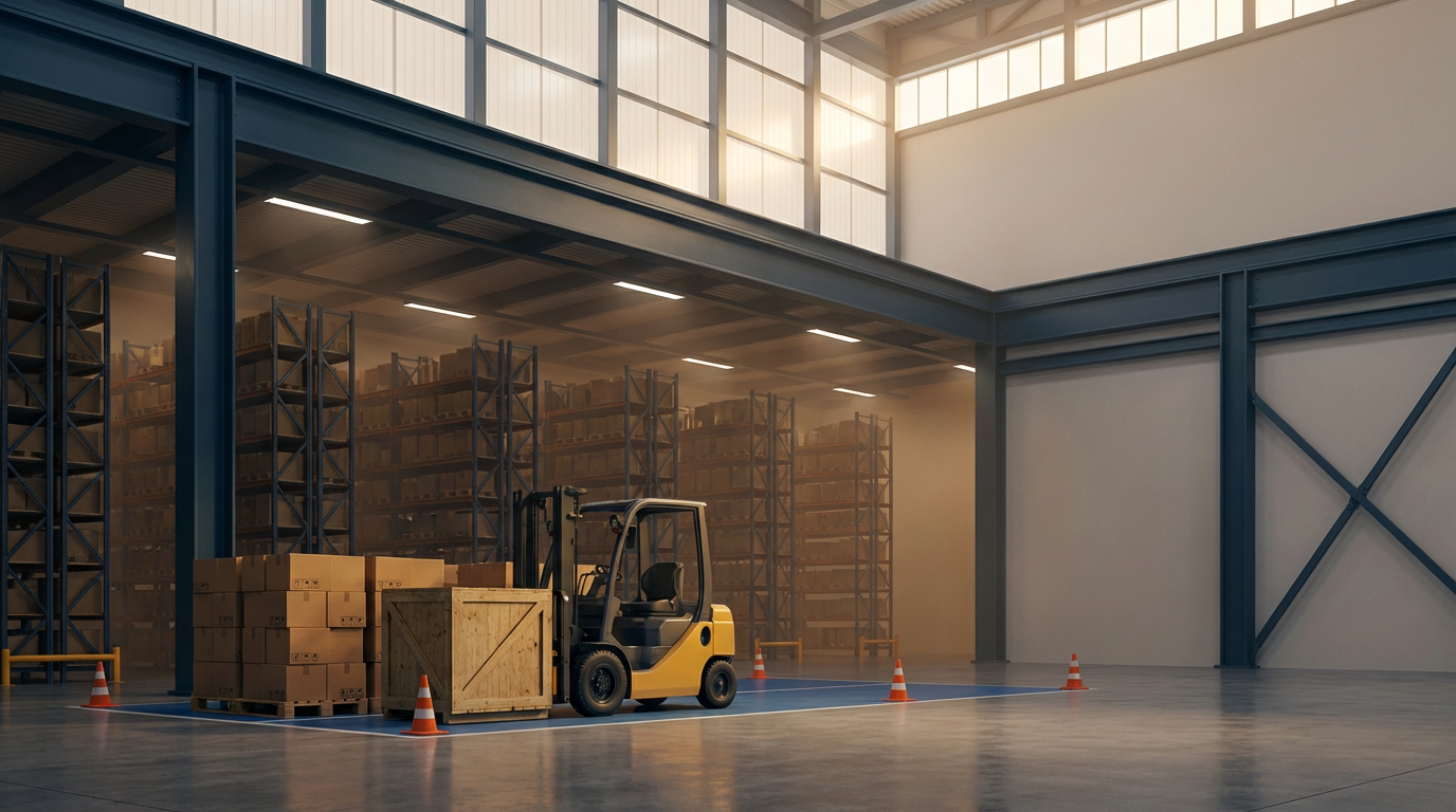 Interior of a warehouse with a forklift truck moving boxes, with tall shelves stocked with boxes, and orange traffic cones placed on the floor.