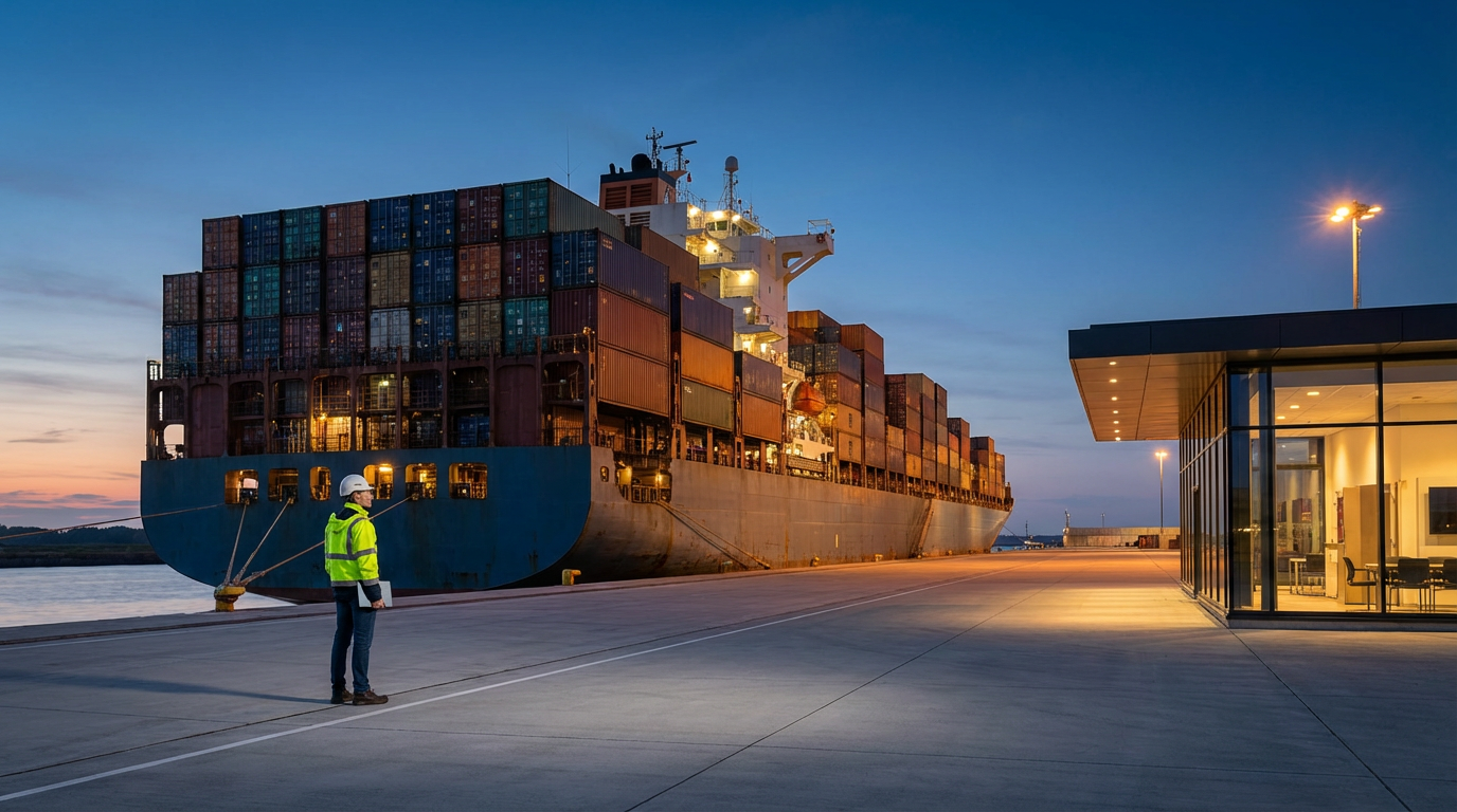 A large cargo ship docked at a port during dusk, with a person in a yellow safety vest and helmet standing on the pier near the ship.