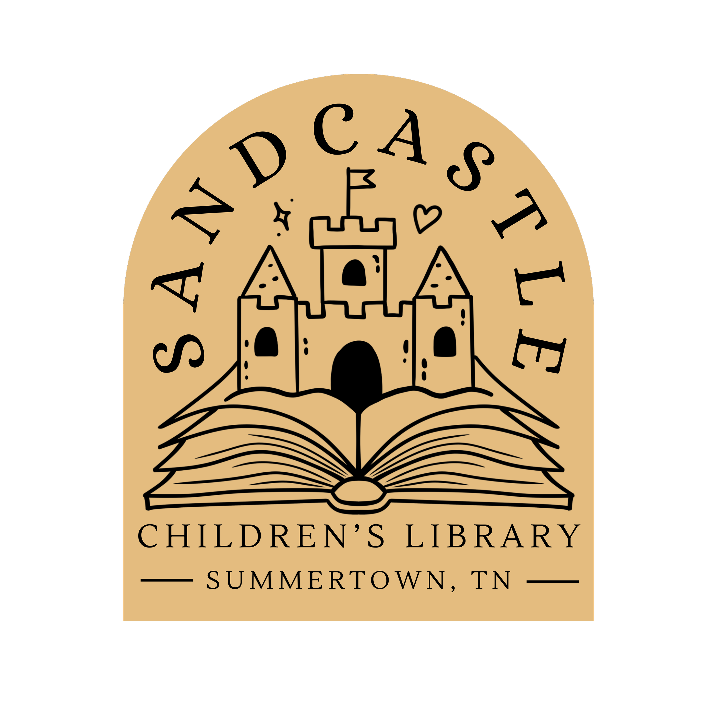Children’s Library Summertown, TN logo featuring an open book, sandcastle, and letters.