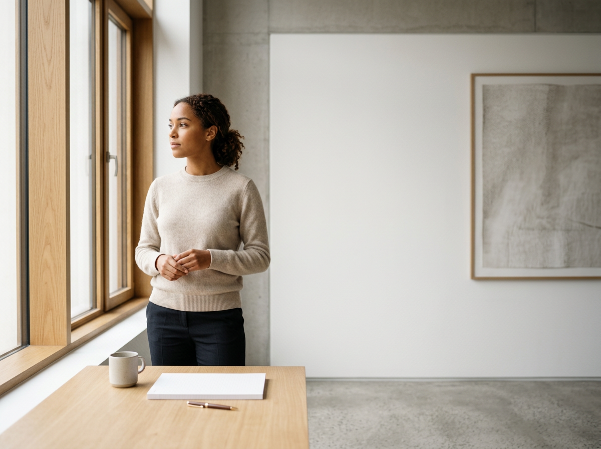 A woman with curly hair looking out the window in an art gallery or museum, standing near a wooden table with a coffee mug, a notebook, and a pen on it.