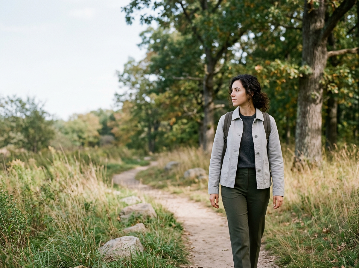 A woman with dark curly hair walking along a dirt trail surrounded by trees and tall grass, wearing a gray jacket, black shirt, green pants, and carrying a backpack in a natural outdoor setting.