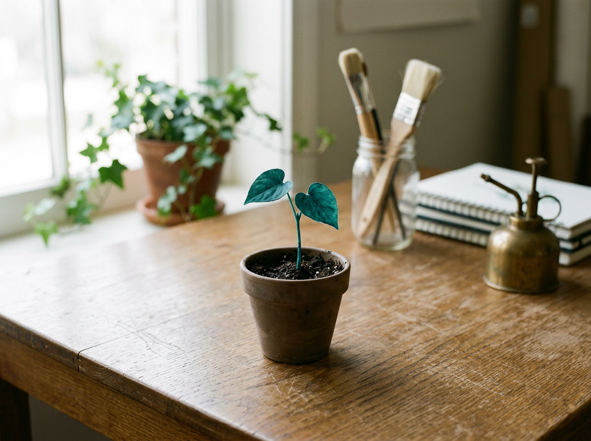 Small potted plant on a wooden table with a window and window plants in the background. Art supplies and notebooks are also on the table.