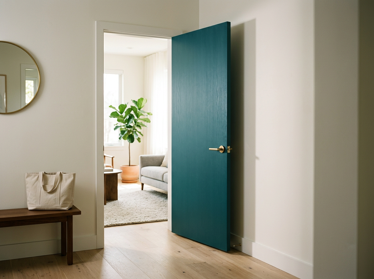 Open teal door leads into a living room with a gray sofa, a potted plant, and a window with white curtains.