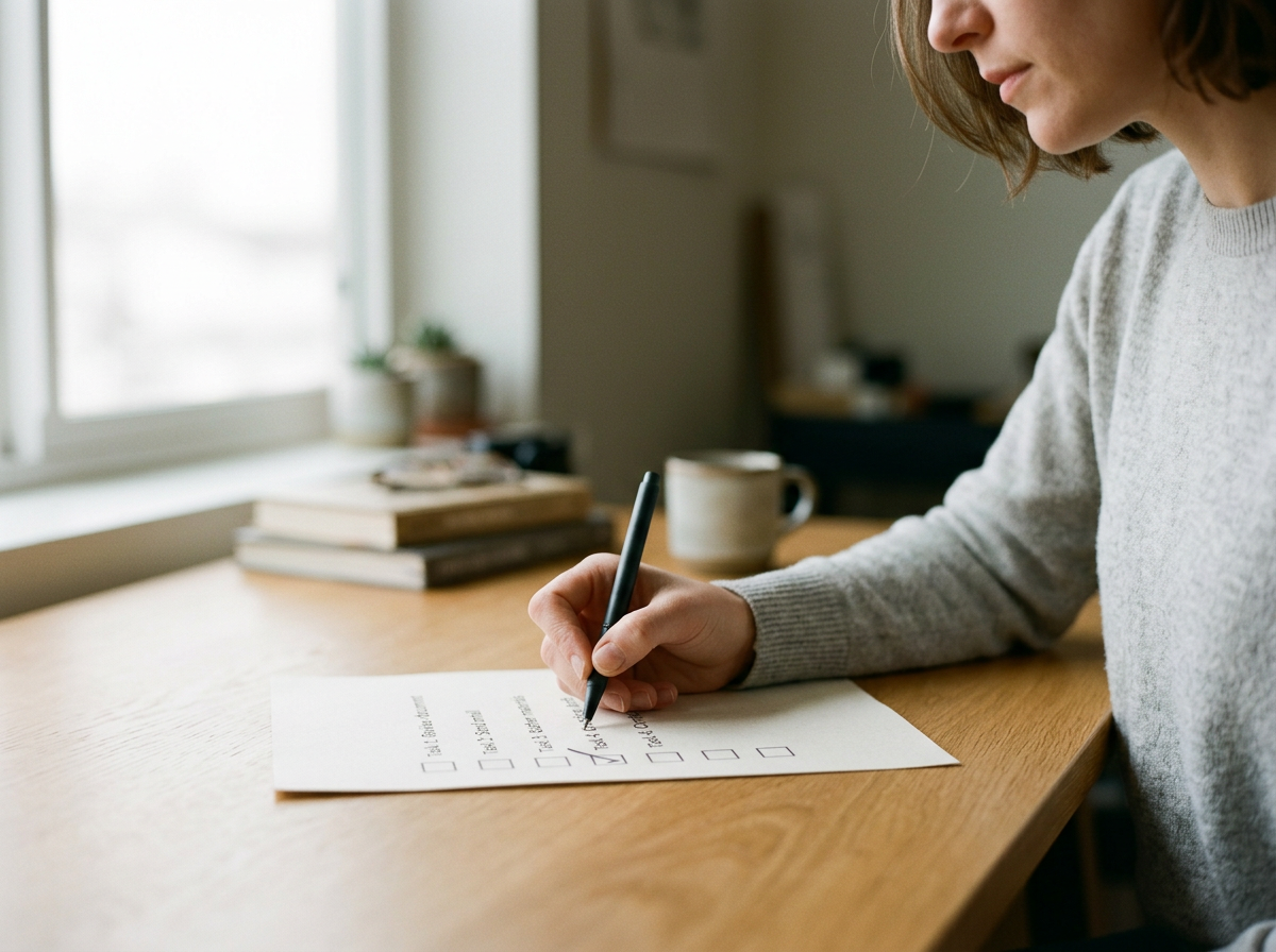 Woman filling out a checklist on a piece of paper at a wooden desk in a cozy, well-lit room.